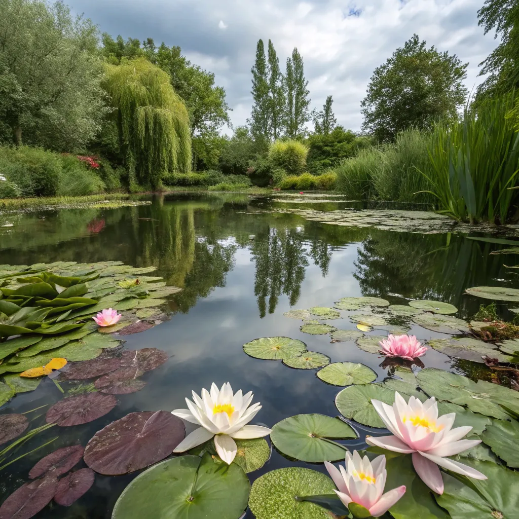 Serene garden pond with lilies