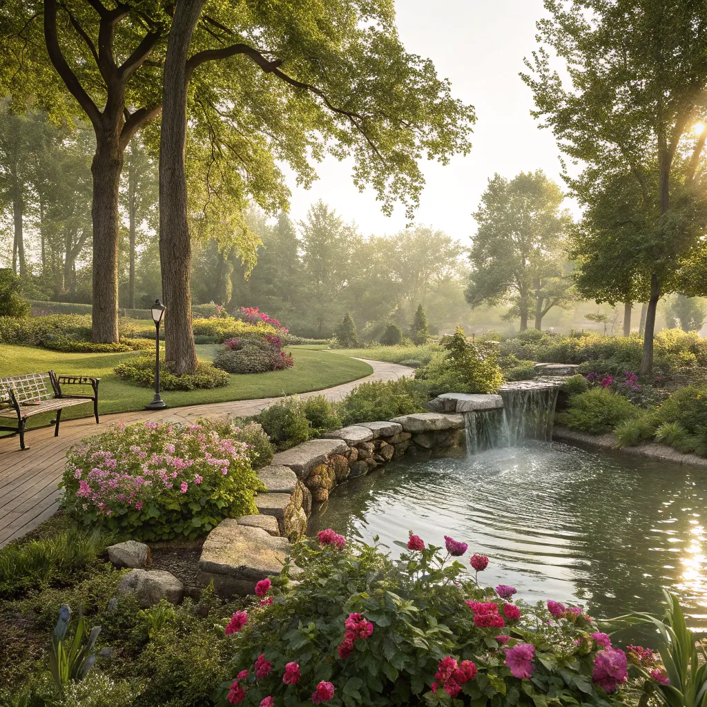 Tranquil Oasis - A peaceful garden retreat with a water feature and lush greenery